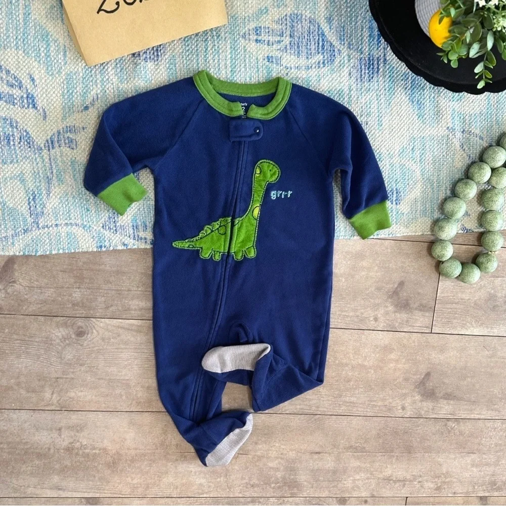 Y2K Carter’s Dinosaur Fleece Footies One Piece Sleeper Pajamas 12 Month baby boy